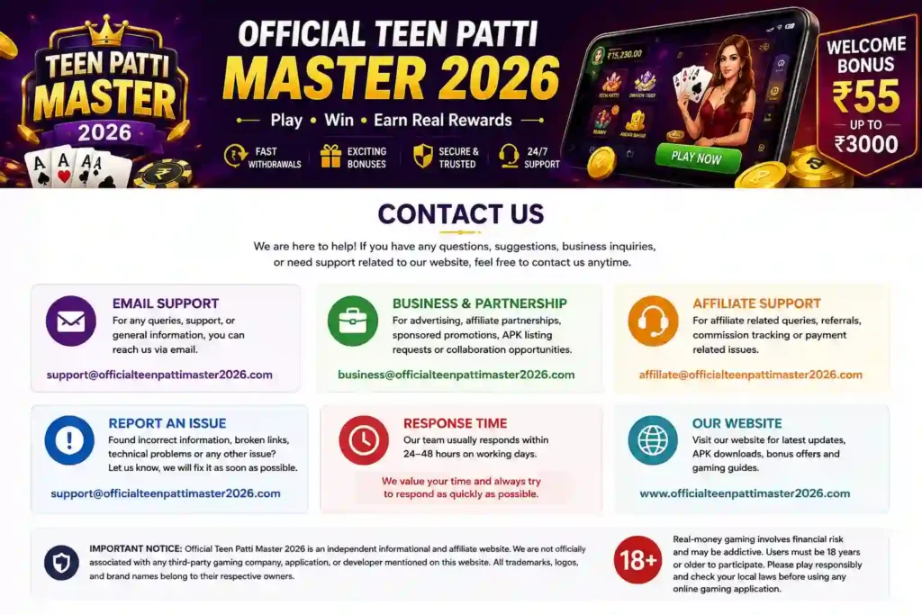 Official Teen Patti Master 2026 contact us page banner with support information, affiliate assistance, and gaming promotion design.