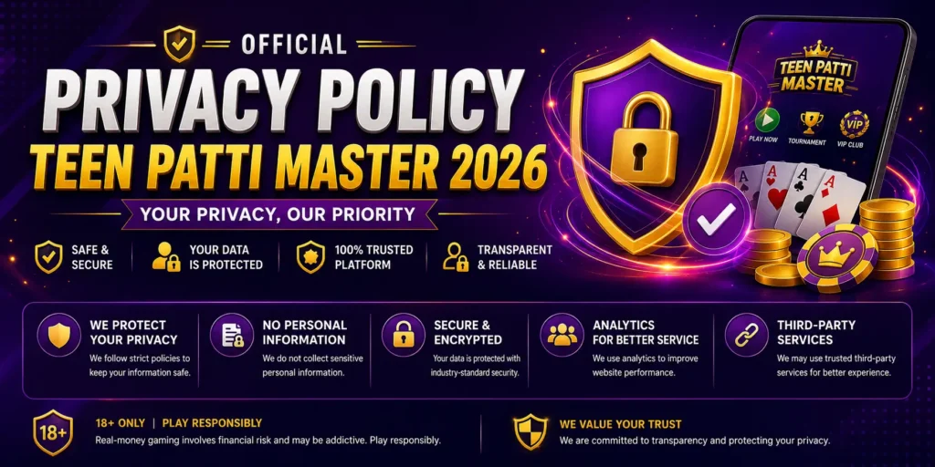 Privacy Policy banner for Official Teen Patti Master 2026 featuring secure gaming, data protection, trusted platform icons, and Teen Patti app graphics.